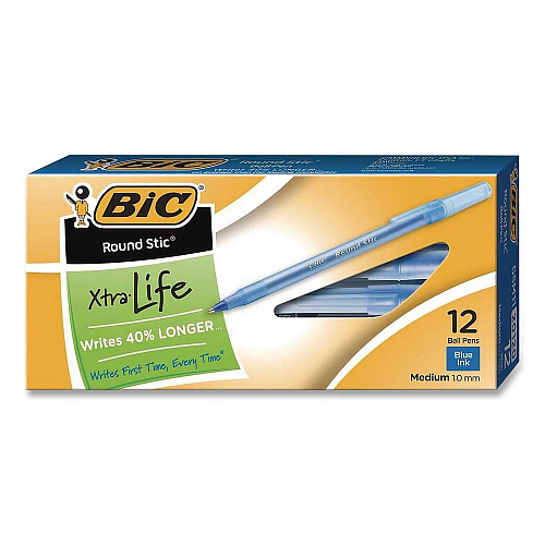 BIC Round Stic Xtra Life Ballpoint Pen, Stick, Medium 1 mm, Blue Ink, Translucent Blue Barrel, 12/Box, 36 Boxes/Carton (GSM11BECT)