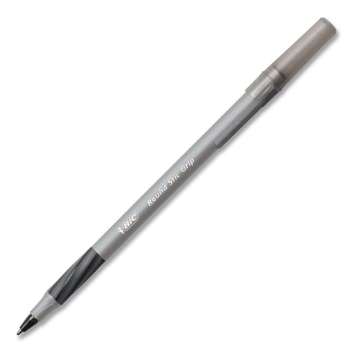 BIC Round Stic Grip Xtra Comfort Ballpoint Pen, Easy-Glide System, Stick, Medium 1.2 mm, Black Ink, Silver-Gray Barrel, Dozen (GSMG11BKCT)