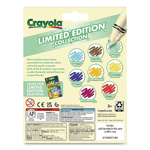 Crayola Ultra-Clean Washable Markers, Limited Edition Collection, Broad Bullet Tips, Assorted Colors, 8/Box (587746)
