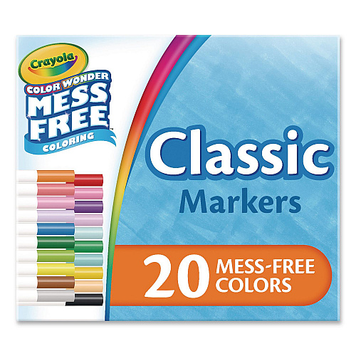 Crayola Color Wonder Mess-Free Markers, Broad Bullet Tips, Assorted Colors, 20/Pack (752857)