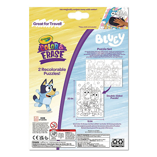 Crayola Bluey Color and Erase Reusable Puzzle Set with (12) Two-Sided Puzzle Pieces and (4) Markers, Ages 3 and Up, 16 Pieces (811552)