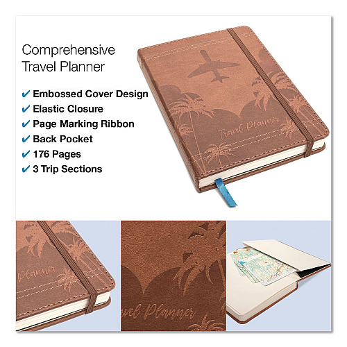 Global Printed Products Travel Planner, Three Two Week Trips: 14 Subsections/Trip, Tropical Flight Artwork, 7 x 5, Distressed Brown Cover, Undated (GPP0119A)