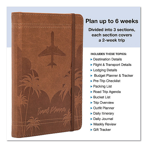 Global Printed Products Travel Planner, Three Two Week Trips: 14 Subsections/Trip, Tropical Flight Artwork, 7 x 5, Distressed Brown Cover, Undated (GPP0119A)