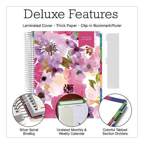 Global Printed Products Deluxe Spring Floral Undated Weekly/Monthly Teacher's Lesson Planner, 7 Classes, Multicolor Cover, 11 x 8.5, 52-Week Span (NADUNDTP30)