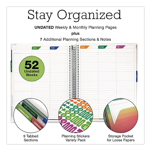 Global Printed Products Deluxe Spring Floral Undated Weekly/Monthly Teacher's Lesson Planner, 7 Classes, Multicolor Cover, 11 x 8.5, 52-Week Span (NADUNDTP30)