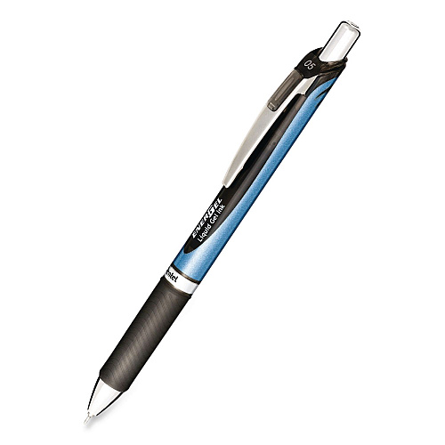 Pentel EnerGel RTX Deluxe Gel Pen, Retractable, Fine 0.5 mm, Black Ink, Black/Blue Barrel, Dozen (BLN75ADZ)