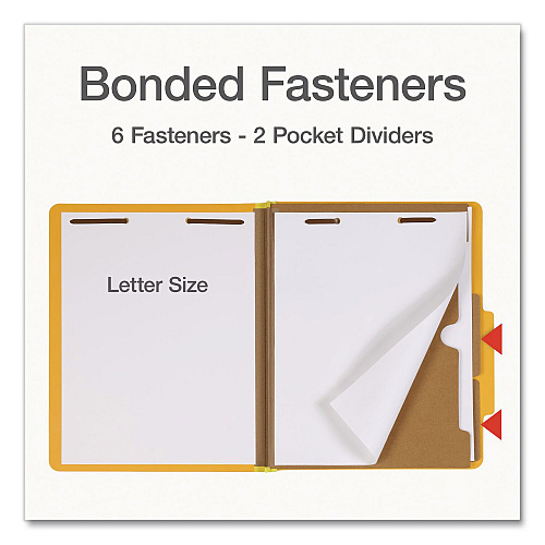 Pendaflex Heavy-Duty Pressboard Classification Folder, Expands 2", 2 Full-Pocket Dividers, 6 Fasteners, Letter Size, Yellow, 10/Box (1006942)