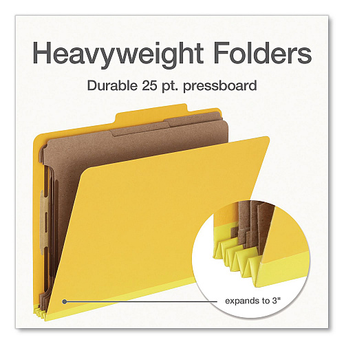 Pendaflex Heavy-Duty Pressboard Classification Folder, 2/5-Cut Tab, Expands 3", 3 Dividers, 8 Fasteners, Letter Size, Yellow, 10/Box (1006943)