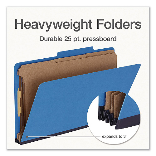Pendaflex Heavy-Duty Pressboard Classification Folder, 2/5-Cut Tab: Right, Expands 3", 3 Dividers, 8 Fasteners, Legal Size, Blue, 10/BX (1006944)