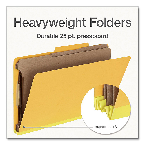 Pendaflex Heavy-Duty Pressboard Classification Folder, 2/5-Cut Tab, Expands 3", 3 Dividers, 8 Fasteners, Legal Size, Yellow, 10/Box (1006946)