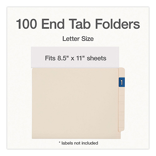 Manila End Tab Folders, Straight Tabs, Letter Size, 0.75" Expansion, Manila, 100/Box