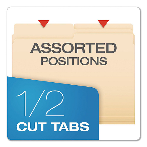 Pendaflex Reinforced Top File Folders, 1/2-Cut Tabs: Assorted Positions, Letter Size, Manila, 100/Box (R75212)