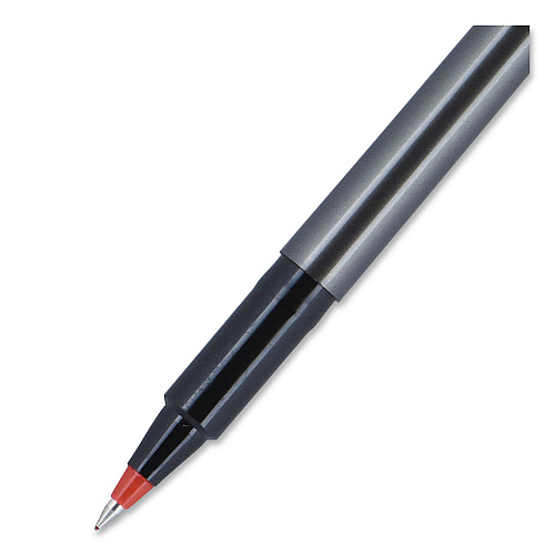 uni-ball Deluxe Rollerball Pen, Stick, Micro 0.5 mm, Red Ink, Metallic Gray/Black/Red Barrel (60026EA)