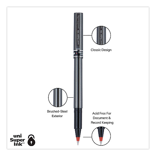 uni-ball Deluxe Rollerball Pen, Stick, Micro 0.5 mm, Red Ink, Metallic Gray/Black/Red Barrel (60026EA)