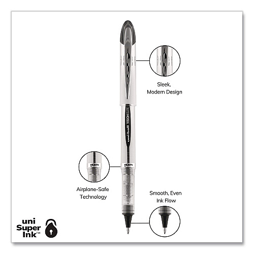uni-ball VISION ELITE Rollerball Pen, Stick, Bold 0.8 mm, Black Ink, White/Black/Clear Barrel, Dozen (61231DZ)