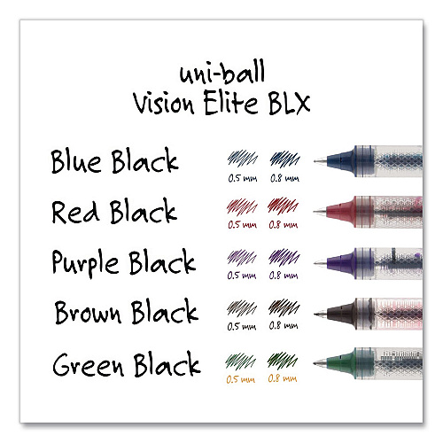 uni-ball VISION ELITE BLX Series Rollerball Pen, Stick, Bold 0.8 mm, Blue-Infused Black Ink, White/Blue/Clear Barrel, Dozen (61232DZ)