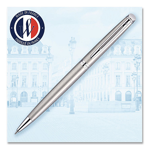 Waterman Hemisphere Ballpoint Pen, Retractable, Medium 1 mm, Blue Ink, Brushed Stainless Steel/Palladium-Chrome Barrel (S0920470)