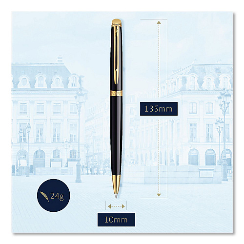 Waterman Hemisphere Ballpoint Pen, Retractable, Medium 1 mm, Blue Ink, Black Lacquered/23-Karat Gold Barrel (S0920670)