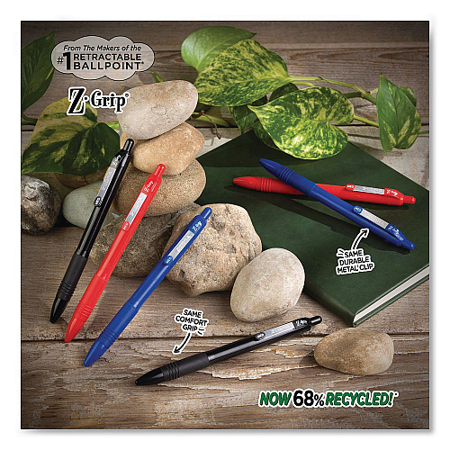 Zebra Z-Grip Recycled Retractable Ballpoint Pen, Medium 1 mm, Red Ink, Red Barrel, Dozen (20630)