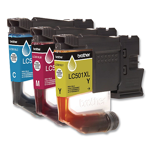 Brother LC501XL3PKS High-Yield Ink, 500 Page-Yield, Cyan/Magenta/Yellow, 3/Pack