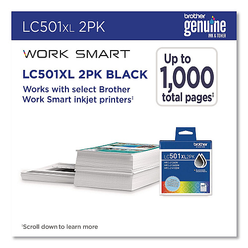 Brother LC501XL2PKS High-Yield Ink, 500 Page-Yield, Black, 2/Pack
