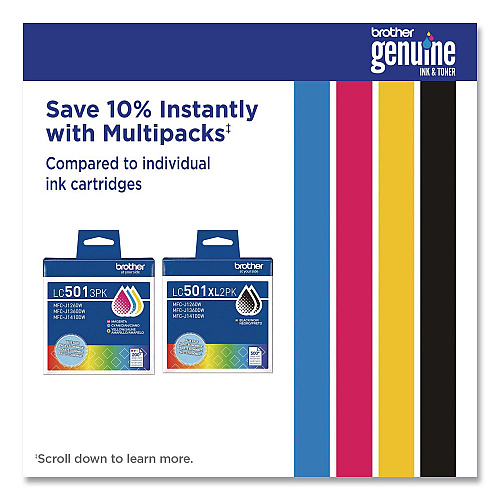 Brother LC501XL3PKS High-Yield Ink, 500 Page-Yield, Cyan/Magenta/Yellow, 3/Pack