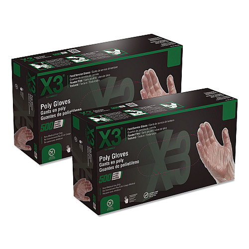 X3 by AMMEX Polyethylene Food Safe Industrial Gloves, Powder-Free, Large, Clear, 500/Box, 20 Boxes/Carton (PGLOVEL500XX)