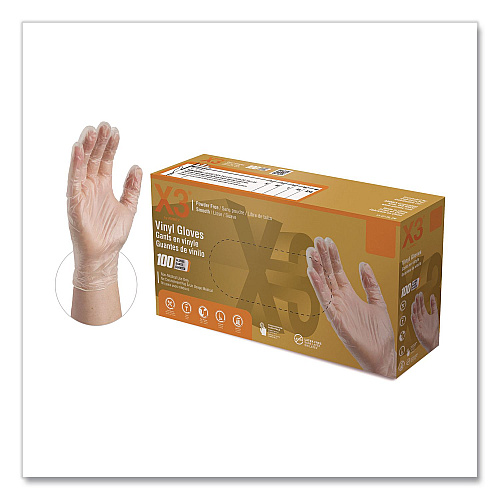 X3 by AMMEX Industrial Vinyl Gloves, Powder-Free, X-Large, 3 mil Thick, 9.5" Long, Clear, 100/Box (GPX348100)