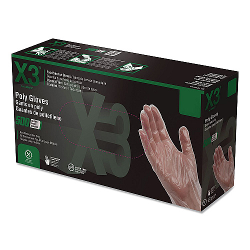 X3 by AMMEX Polyethylene Food Safe Industrial Gloves, Powder-Free, Large, Clear, 500/Box, 20 Boxes/Carton (PGLOVEL500XX)