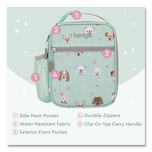 bentgo Kids Insulated Lunch Tote, Puppy Love Theme, 7.3" x 3.5" x 9.5", Mint Green/Multicolor (DBGPPY)