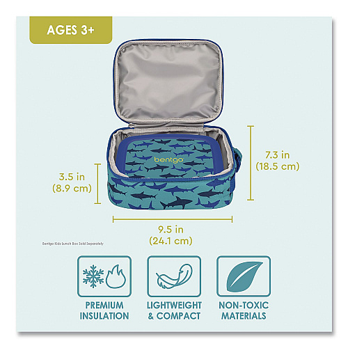 bentgo Kids Insulated Lunch Tote, Sharks Theme, 7.3" x 3.5" x 9.5", Turquoise/Blue (DBGSHK)