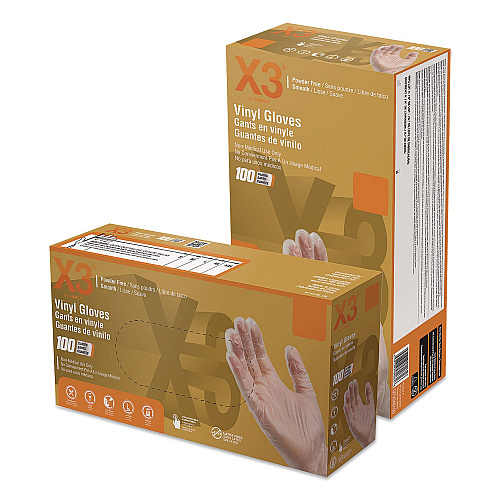X3 by AMMEX Industrial Vinyl Gloves, Powder-Free, Large, 3 mil Thick, 9.5" Long, Clear, 100/Box (GPX346100)