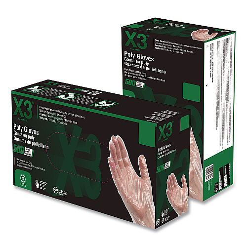 X3 by AMMEX Polyethylene Food Safe Industrial Gloves, Powder-Free, Large, Clear, 500/Box, 20 Boxes/Carton (PGLOVEL500XX)