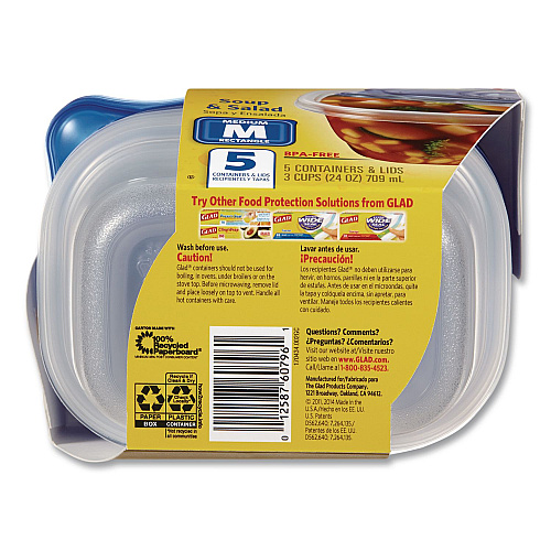 Glad Soup and Salad Containers, Medium Rectangle, 24 oz, 6.49 x 4.86 x 2.98, Clear/Bue, Plastic, 5/Pack (60796PK)