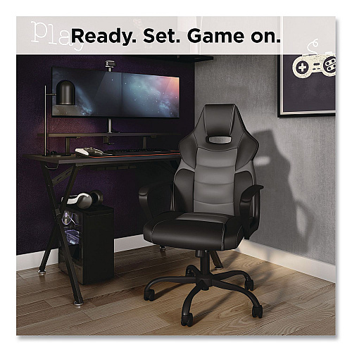 Emerge Vector Luxura Faux Leather Gaming Chair, Supports Up to 275 lbs, Black/Gray Seat, Black/Gray Back, Black Base (61108)