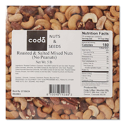 Mountain Manufacturing Coda Roasted and Salted Mixed Nuts, 5 lb Bag, 4/Carton (CDA92926)