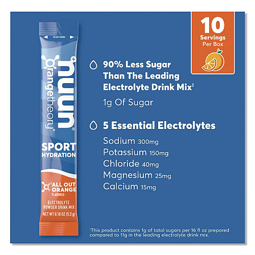 nuun Sport Hydration Electrolyte Powder Drink Mix, All Out Orange, 0.18 oz Stick, 10/Box (02403)