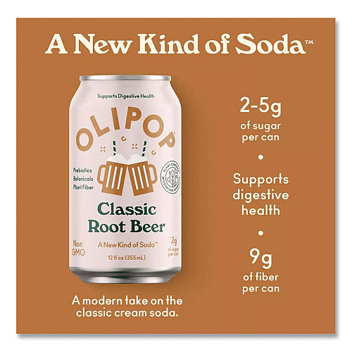 OLIPOP Prebiotic Soda, Root Beer, 12 oz Can, 12/Carton (ICO70288)