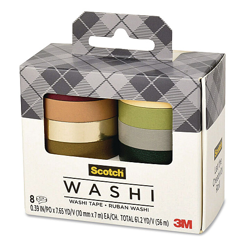 Scotch Washi Tape, Solid Earth, 0.39" x 7.69 yd, Assorted Colors/Finishes, 8 Rolls/Pack (C10178SOL3)