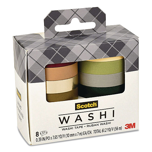 Scotch Washi Tape, Solid Earth, 0.39" x 7.69 yd, Assorted Colors/Finishes, 8 Rolls/Pack (C10178SOL3)