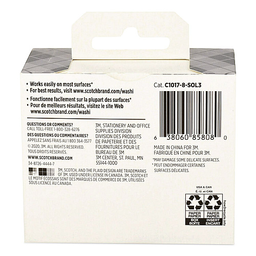 Scotch Washi Tape, Solid Earth, 0.39" x 7.69 yd, Assorted Colors/Finishes, 8 Rolls/Pack (C10178SOL3)