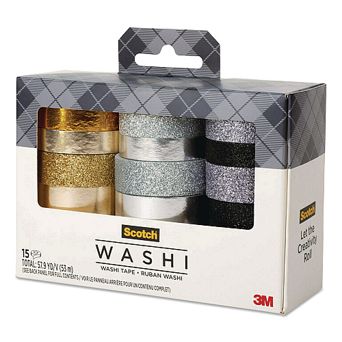 Scotch Washi Glitter Metallic Tape, Black/Gold/Silver, Assorted Sizes/Colors/Finishes, 15 Rolls/Pack (C101715P6)
