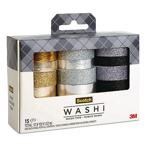 Scotch Washi Glitter Metallic Tape, Black/Gold/Silver, Assorted Sizes/Colors/Finishes, 15 Rolls/Pack (C101715P6)