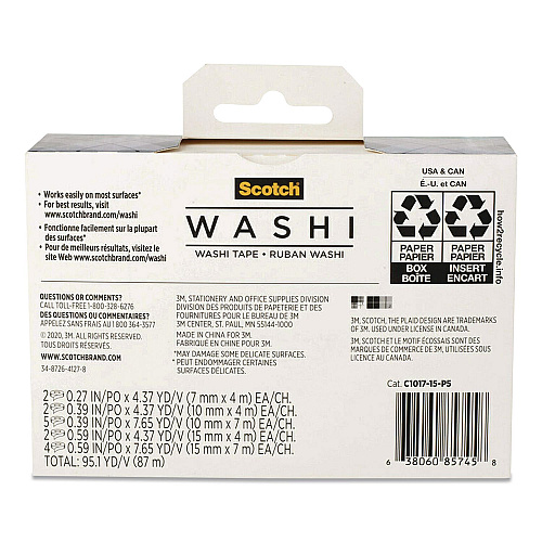 Scotch Washi Glitter Metallic Tape, Black/Gold/Silver, Assorted Sizes/Colors/Finishes, 15 Rolls/Pack (C101715P6)