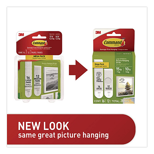 Command Damage-Free Hanging Picture Hanging Strip Pairs, (16) Large (0.75" x 3.65"), (12) Medium (0.63" x 2.75"), White, 28/Pack (MMM1720928ES)