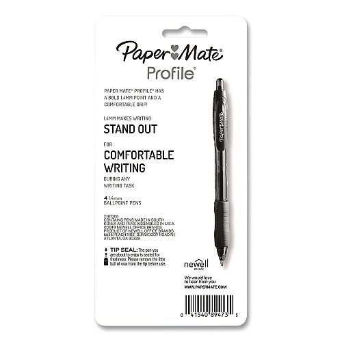 Paper Mate Profile Ballpoint Pen, Retractable, Bold 1.4 mm, Assorted Ink and Barrel Colors, 4/Pack (196066389473)
