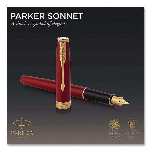 Parker Sonnet Fountain Pen with Gift Box, Medium Fountain Nib, Red Ink, Red Lacquer/Gold Barrel (1931474)