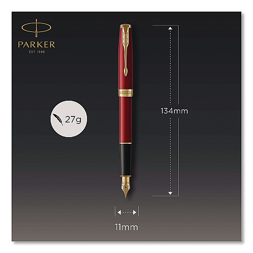 Parker Sonnet Fountain Pen with Gift Box, Medium Fountain Nib, Red Ink, Red Lacquer/Gold Barrel (1931474)