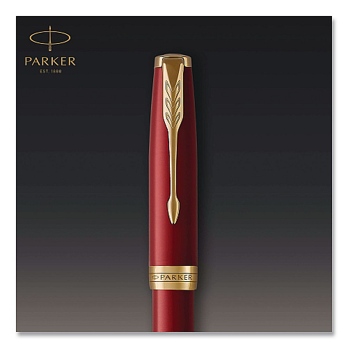 Parker Sonnet Fountain Pen with Gift Box, Medium Fountain Nib, Red Ink, Red Lacquer/Gold Barrel (1931474)