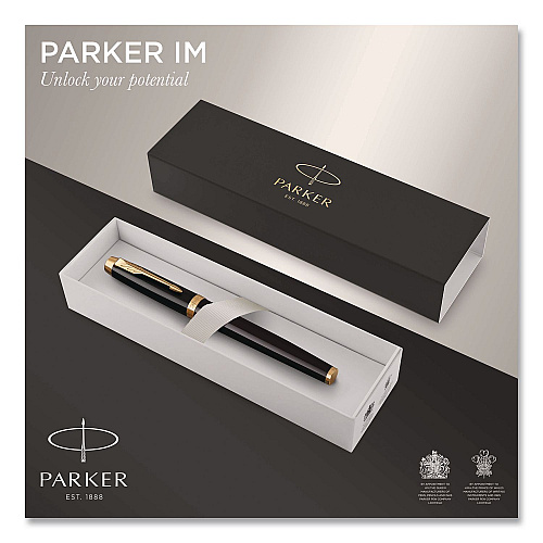 Parker IM Fountain Pen with Gift Box, Medium Fountain Nib, Blue Ink, Black Lacquer/Gold Barrel (1931645)